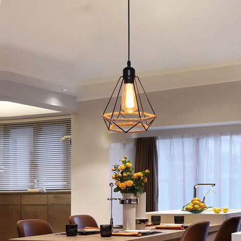 Pendant Lighting Fitting Vintage Black, Ø20cm Diamond Hanging Ceiling Lamp with Hemp Rope Industrial Metal Chandelier with Cage Lampshade (Black)