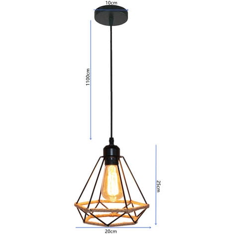 Pendant Lighting Fitting Vintage Black, Ø20cm Diamond Hanging Ceiling Lamp with Hemp Rope Industrial Metal Chandelier with Cage Lampshade (Black)
