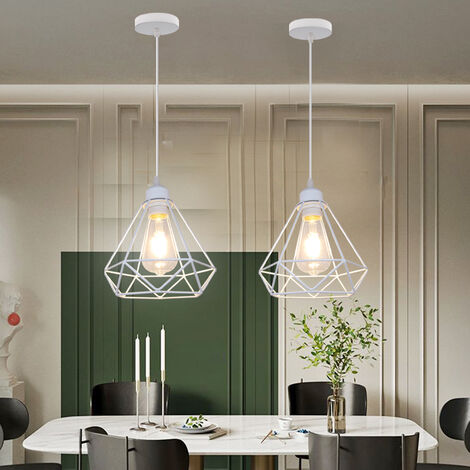 Vintage Pendant Light Fixture, Industrial Hanging Ceiling Lamp with Metal Ø20cm Diamond Cage Lampshade, E27 Holder Chandelier White 1PCS