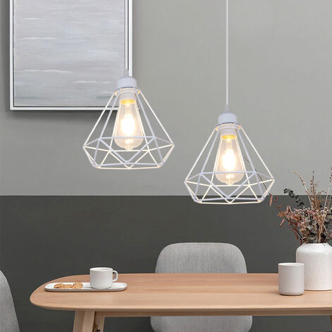 Vintage Pendant Light Fixture, Industrial Hanging Ceiling Lamp with Metal Ø20cm Diamond Cage Lampshade, E27 Holder Chandelier White 1PCS
