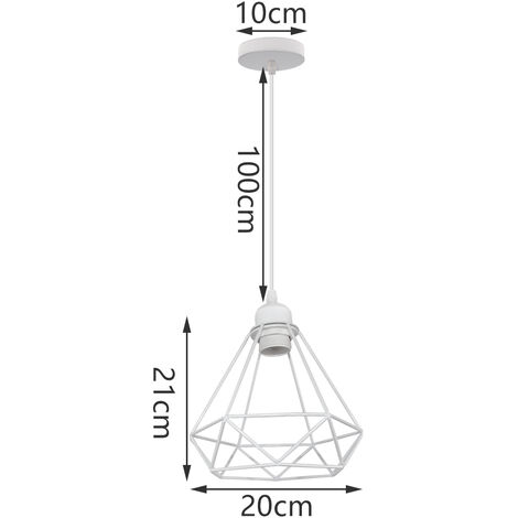 Vintage Pendant Light Fixture, Industrial Hanging Ceiling Lamp with Metal Ø20cm Diamond Cage Lampshade, E27 Holder Chandelier White 1PCS