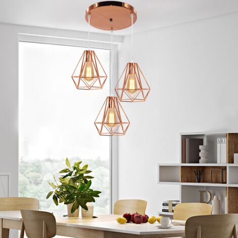 Vintage Pendant Light and Chandelier 3 Lights Spiral Metal Hanging Ceiling Lamp with Ø20cm Diamond Cage Lampshade for Kitchen Island Rose Gold