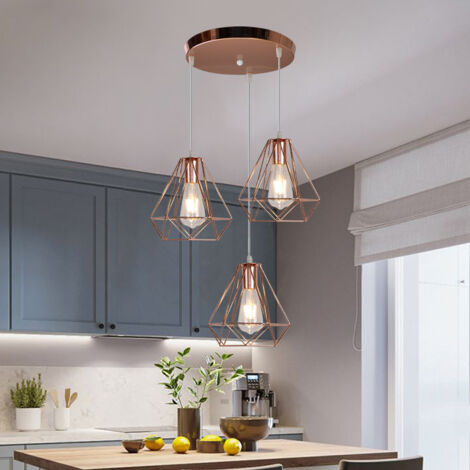 Vintage Pendant Light and Chandelier 3 Lights Spiral Metal Hanging Ceiling Lamp with Ø20cm Diamond Cage Lampshade for Kitchen Island Rose Gold