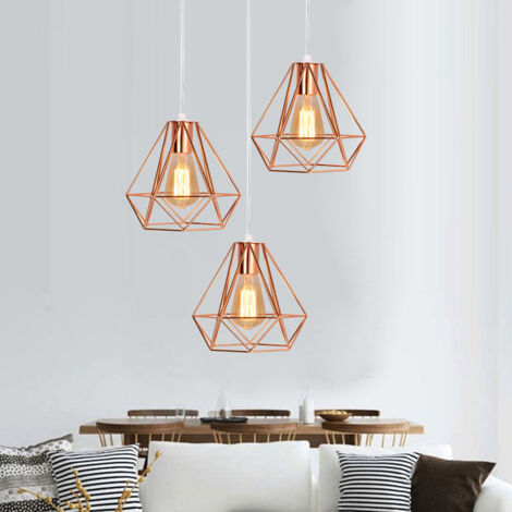 Vintage Pendant Light and Chandelier 3 Lights Spiral Metal Hanging Ceiling Lamp with Ø20cm Diamond Cage Lampshade for Kitchen Island Rose Gold