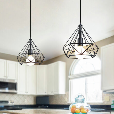 Vintage Pendant Light, Industrial Metal Hanging Ceiling Lamp, Retro Chandelier with Ø25cm Diamond Cage Lampshade for Kitchen Island Restaurant (Black)