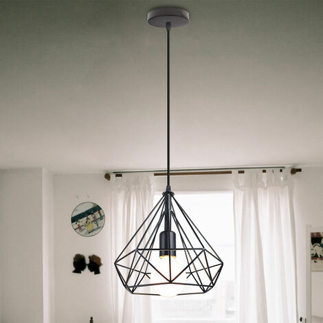 Vintage Pendant Light, Industrial Metal Hanging Ceiling Lamp, Retro Chandelier with Ø25cm Diamond Cage Lampshade for Kitchen Island Restaurant (Black)