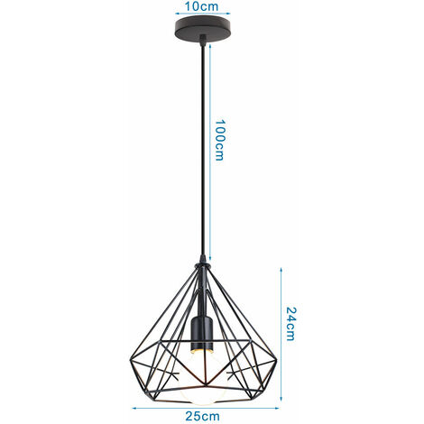 Vintage Pendant Light, Industrial Metal Hanging Ceiling Lamp, Retro Chandelier with Ø25cm Diamond Cage Lampshade for Kitchen Island Restaurant (Black)