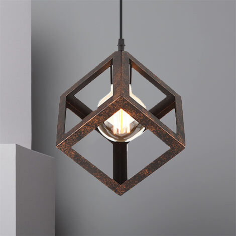 Creative Square Pendant Light Metal Iron Cage Pendant Lamp Modern Geometric Hanging Lamp Retro Modern Ceiling Light (Color:Rust)