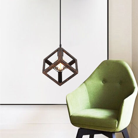 Creative Square Pendant Light Metal Iron Cage Pendant Lamp Modern Geometric Hanging Lamp Retro Modern Ceiling Light (Color:Rust)