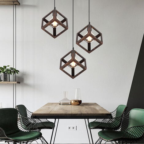 Creative Square Pendant Light Metal Iron Cage Pendant Lamp Modern Geometric Hanging Lamp Retro Modern Ceiling Light (Color:Rust)