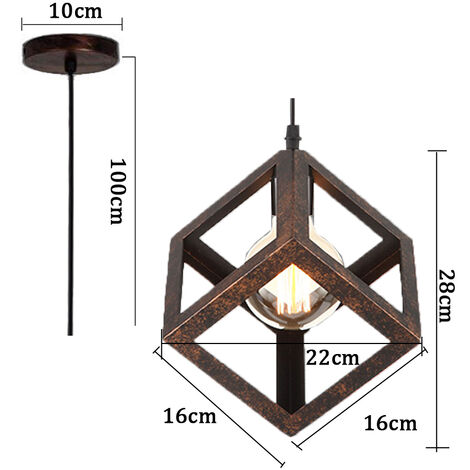 Creative Square Pendant Light Metal Iron Cage Pendant Lamp Modern Geometric Hanging Lamp Retro Modern Ceiling Light (Color:Rust)