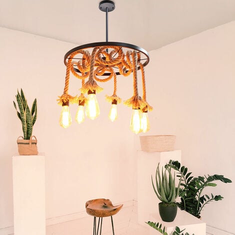 Vintage Pendant Lights Retro Industrial Metal Chandelier with Rustic Hemp Rope Hanging Ceiling Lamp for Kitchen Island 6 Lights 1PCS