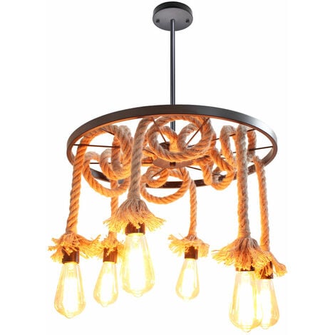 Vintage Pendant Lights Retro Industrial Metal Chandelier with Rustic Hemp Rope Hanging Ceiling Lamp for Kitchen Island 6 Lights 1PCS
