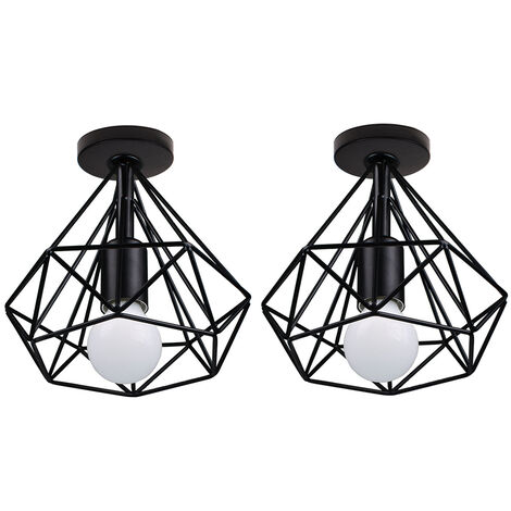 2X Industrial Pendant Lights, Vintage Black Metal Hanging Ceiling Lamp with Cage Lampshade, Ø20cm Diamond Chandelier Fixture for Kitchen Island Living Room