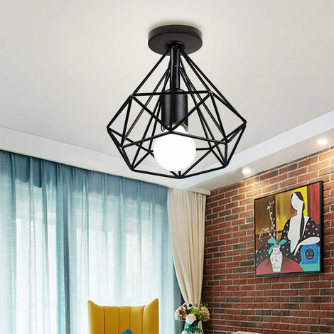 2X Industrial Pendant Lights, Vintage Black Metal Hanging Ceiling Lamp with Cage Lampshade, Ø20cm Diamond Chandelier Fixture for Kitchen Island Living Room