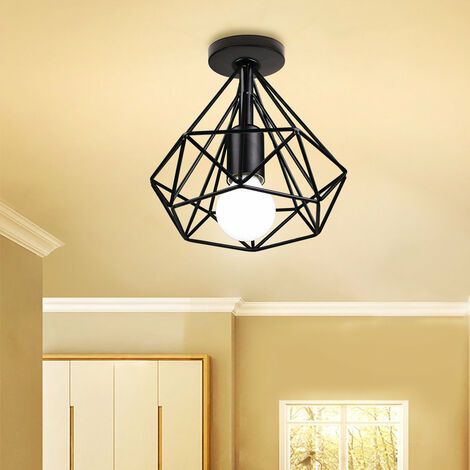 2X Industrial Pendant Lights, Vintage Black Metal Hanging Ceiling Lamp with Cage Lampshade, Ø20cm Diamond Chandelier Fixture for Kitchen Island Living Room