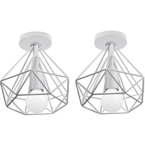 2X Industrial Pendant Lights, Vintage White Metal Hanging Ceiling Lamp with Cage Lampshade, Ø20cm Diamond Chandelier Fixture for Kitchen Island Living Room