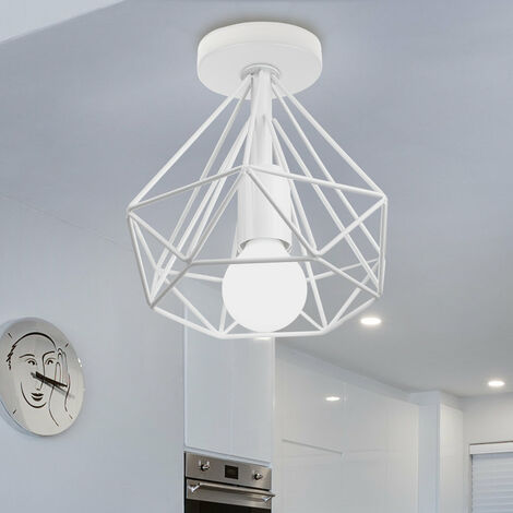 2X Industrial Pendant Lights, Vintage White Metal Hanging Ceiling Lamp with Cage Lampshade, Ø20cm Diamond Chandelier Fixture for Kitchen Island Living Room