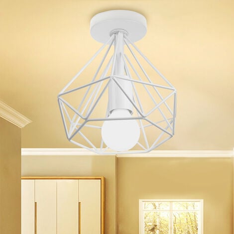 2X Industrial Pendant Lights, Vintage White Metal Hanging Ceiling Lamp with Cage Lampshade, Ø20cm Diamond Chandelier Fixture for Kitchen Island Living Room