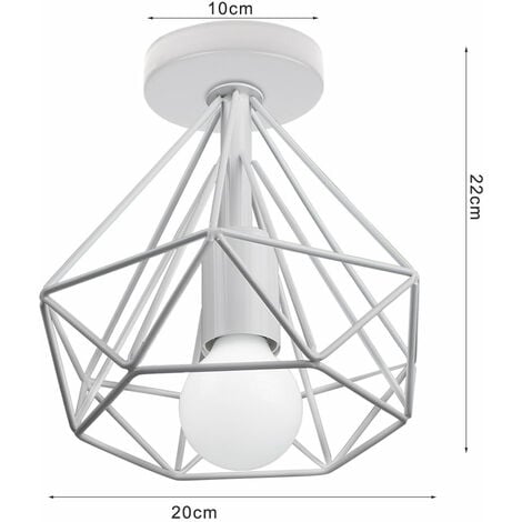 2X Industrial Pendant Lights, Vintage White Metal Hanging Ceiling Lamp with Cage Lampshade, Ø20cm Diamond Chandelier Fixture for Kitchen Island Living Room