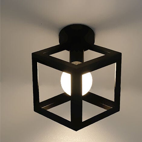 Ceiling Lighting Fitting Vintage, Cube Metal Ceiling Lamp, Industrial Geometric Chandelier with Lampshade for Living Room Hallway (Black)