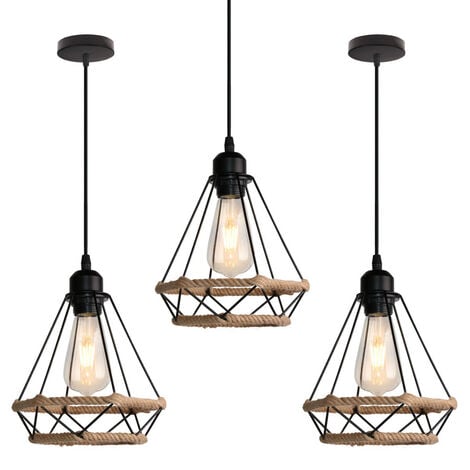 3x Pendant Lighting Fitting Vintage Black, Ø20cm Diamond Hanging Ceiling Lamp with Hemp Rope Industrial Metal Chandelier with Cage Lampshade (Black)