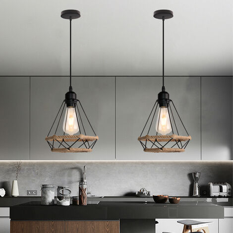 3x Pendant Lighting Fitting Vintage Black, Ø20cm Diamond Hanging Ceiling Lamp with Hemp Rope Industrial Metal Chandelier with Cage Lampshade (Black)