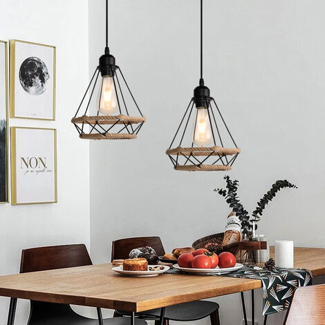 3x Pendant Lighting Fitting Vintage Black, Ø20cm Diamond Hanging Ceiling Lamp with Hemp Rope Industrial Metal Chandelier with Cage Lampshade (Black)