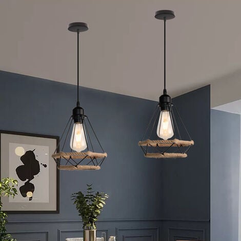 3x Pendant Lighting Fitting Vintage Black, Ø20cm Diamond Hanging Ceiling Lamp with Hemp Rope Industrial Metal Chandelier with Cage Lampshade (Black)