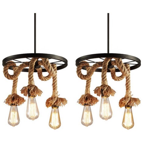 Vintage Pendant Lights Retro Industrial Metal Chandelier with Rustic Hemp Rope Hanging Ceiling Lamp for Kitchen Island 3 Lights 2PCS