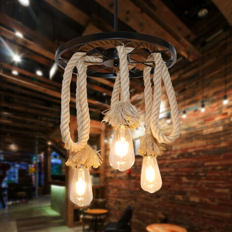 Vintage Pendant Lights Retro Industrial Metal Chandelier with Rustic Hemp Rope Hanging Ceiling Lamp for Kitchen Island 3 Lights 2PCS