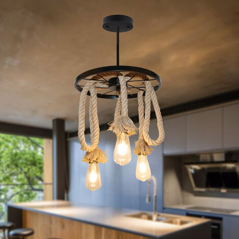Vintage Pendant Lights Retro Industrial Metal Chandelier with Rustic Hemp Rope Hanging Ceiling Lamp for Kitchen Island 3 Lights 2PCS