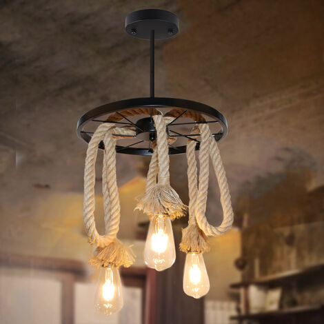 Vintage Pendant Lights Retro Industrial Metal Chandelier with Rustic Hemp Rope Hanging Ceiling Lamp for Kitchen Island 3 Lights 2PCS