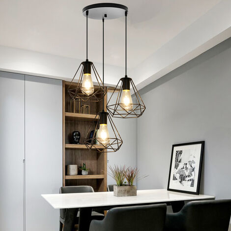 Vintage Retro Hanging Light Ø20cm Diamond Chandelier Industrial Pendant Light Height Adjustable Pendant Lamp 3 Lamp Holders Pendant Lamp Black