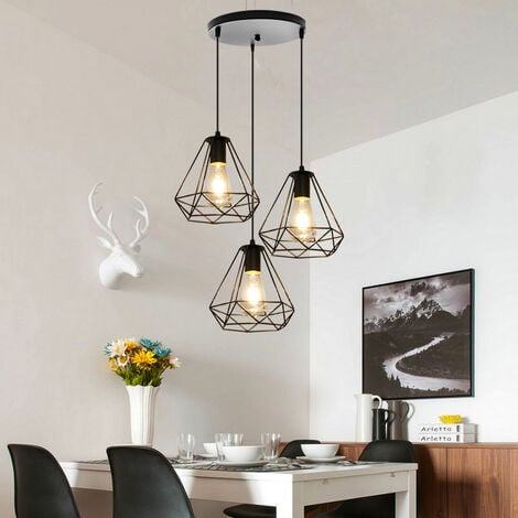 Vintage Retro Hanging Light Ø20cm Diamond Chandelier Industrial Pendant Light Height Adjustable Pendant Lamp 3 Lamp Holders Pendant Lamp Black