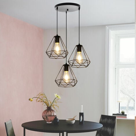 Vintage Retro Hanging Light Ø20cm Diamond Chandelier Industrial Pendant Light Height Adjustable Pendant Lamp 3 Lamp Holders Pendant Lamp Black