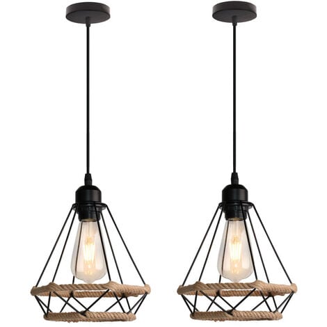 2x Pendant Lighting Fitting Vintage Black, Ø20cm Diamond Hanging Ceiling Lamp with Hemp Rope Industrial Metal Chandelier with Cage Lampshade (Black)