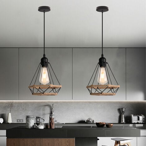2x Pendant Lighting Fitting Vintage Black, Ø20cm Diamond Hanging Ceiling Lamp with Hemp Rope Industrial Metal Chandelier with Cage Lampshade (Black)