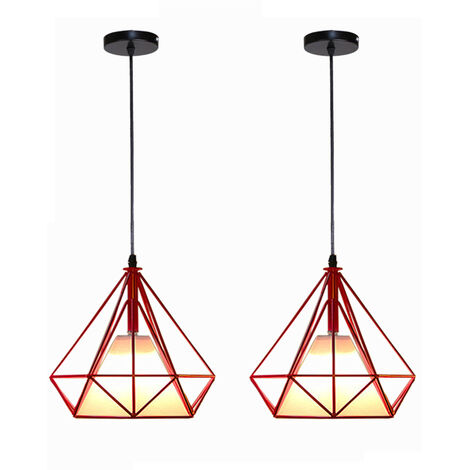 Pendant Light Fixtting, Industrial Metal Diamond Chandelier, Hanging Ceiling Lamp E27 for Bedroom Living Room for Kitchen Island Dinding Room Red 2 Pack