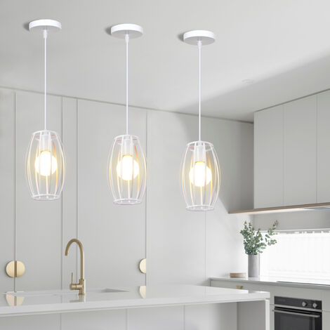 Vintage Pendant Light Industrial Iron Metal Drum Hollow Cage Hanging Ceiling Lamp Chandelier with Lampshade for Kitchen Island Restaurant (White)