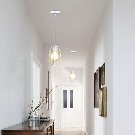 Vintage Pendant Light Industrial Iron Metal Drum Hollow Cage Hanging Ceiling Lamp Chandelier with Lampshade for Kitchen Island Restaurant (White)