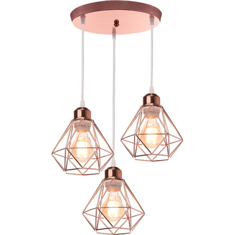 Vintage Pendant Light 3 Lights Spiral Mini Diamond Cage Shade Hanging Ceiling Lamp Chandelier with Lampshade for Living Room Kitchen Island Restaurant Rose Gold