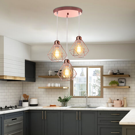 Vintage Pendant Light 3 Lights Spiral Mini Diamond Cage Shade Hanging Ceiling Lamp Chandelier with Lampshade for Living Room Kitchen Island Restaurant Rose Gold