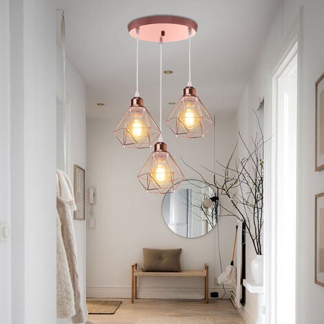 Vintage Pendant Light 3 Lights Spiral Mini Diamond Cage Shade Hanging Ceiling Lamp Chandelier with Lampshade for Living Room Kitchen Island Restaurant Rose Gold