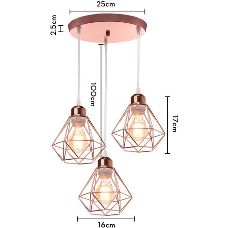 Vintage Pendant Light 3 Lights Spiral Mini Diamond Cage Shade Hanging Ceiling Lamp Chandelier with Lampshade for Living Room Kitchen Island Restaurant Rose Gold