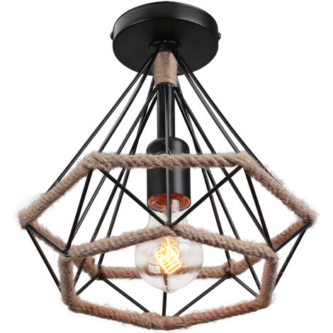 Ceiling Lighting Fitting Vintage Industrial Ø25cm Diamond Cage Lampshade Ceiling Lamp Retro Hemp Rope Chandelier - Black (1/5)
