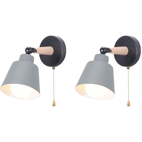 2X Wall Light, Modern Wooden Wall Lamp with EU Plug, Simple Wall Sconce Fixture with Metal Lampshade for Bedroom Living Room (Grey)