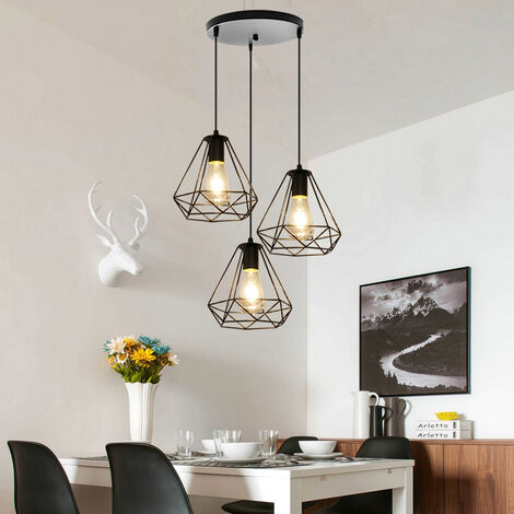 Vintage Retro Hanging Light Black Ø20cm Diamond Chandelier Industrial Pendant Light Height Adjustable Pendant Lamp 3 Lamp Holders Pendant Lamp