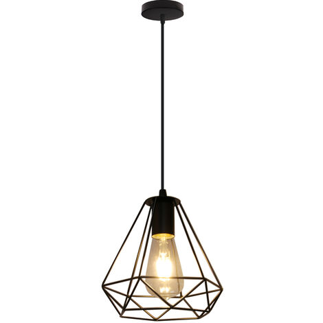 Pendant Light Black, Vintage Industrial Ø20cm Diamond Shape Hanging Ceiling Lamp Fixture Industrial Metal Chandelier with Cage Lampshade for Kitchen Island 1PCS