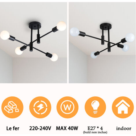 4 Lights Modern Industrial Ceiling Light Metal E27 Indoor Lighting Ceiling Lamp Chandelier for Living Room Kitchen Bedroom Hallway Black
